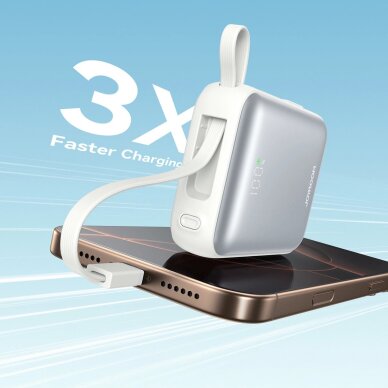 Išorinė baterija Power Bank Joyroom JR-PBF27 10000mAh 22.5W su įmontuotais USB-C ir Lightning kabeliais – balta 7 Išorinė baterija Power Bank Joyroom JR-PBF27 10000mAh 22.5W su įmontuotais USB-C ir Lightning kabeliais – balta 7
