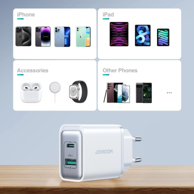 Joyroom JR-TCF15 tinklo įkroviklis USB-C / USB-A 30W – baltas 8 Joyroom JR-TCF15 tinklo įkroviklis USB-C / USB-A 30W – baltas 8