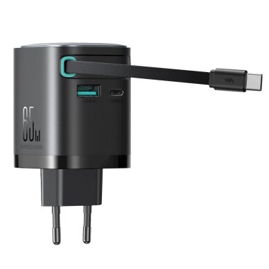 Sieninis įkroviklis Joyroom JR-TCL02 65W GaN USB-A / USB-C su įmontuotu USB-C kabeliu – juodas 5 Sieninis įkroviklis Joyroom JR-TCL02 65W GaN USB-A / USB-C su įmontuotu USB-C kabeliu – juodas 5