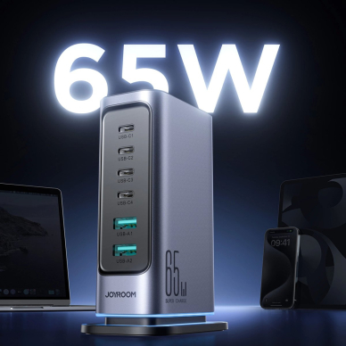 Joyroom JR-TCM02 daugiafunkcis GaN įkroviklis 65W EU 4x USB-C 2x USB-A – tamsiai pilkas 6 Joyroom JR-TCM02 daugiafunkcis GaN įkroviklis 65W EU 4x USB-C 2x USB-A – tamsiai pilkas 6