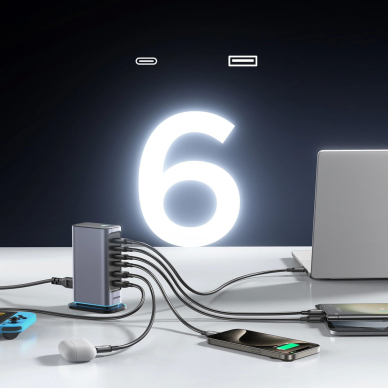 Joyroom JR-TCM02 daugiafunkcis GaN įkroviklis 65W EU 4x USB-C 2x USB-A – tamsiai pilkas 8