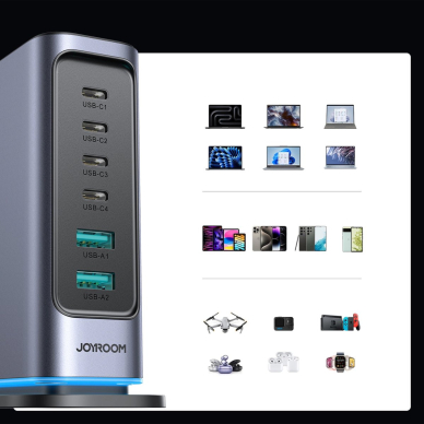 Joyroom JR-TCM02 daugiafunkcis GaN įkroviklis 65W EU 4x USB-C 2x USB-A – tamsiai pilkas 9
