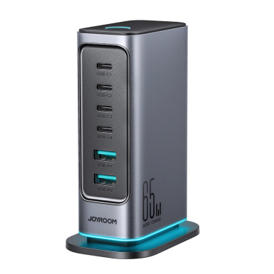 Joyroom JR-TCM02 daugiafunkcis GaN įkroviklis 65W EU 4x USB-C 2x USB-A – tamsiai pilkas Joyroom JR-TCM02 daugiafunkcis GaN įkroviklis 65W EU 4x USB-C 2x USB-A – tamsiai pilkas