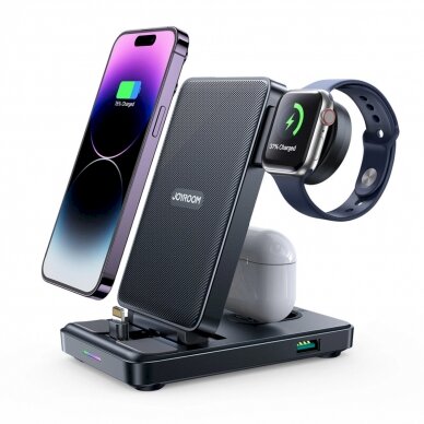 Joyroom JR-WQS02 iPhone AirPods Apple Watch 4in1 charging station foldable - Juodas Joyroom JR-WQS02 iPhone AirPods Apple Watch 4in1 charging station foldable - Juodas