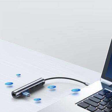 Akcija! Joyroom Multifunctional USB Hub 7in1 Type C / 2 x USB 3.0 / HDMI 4K 30Hz / RJ-45 / SD Card Reader and Micro SD 100W 15cm Pilkas (S-H111)  2