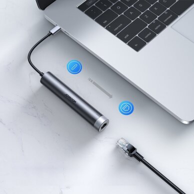 Akcija! Joyroom Multifunctional USB Hub 7in1 Type C / 2 x USB 3.0 / HDMI 4K 30Hz / RJ-45 / SD Card Reader and Micro SD 100W 15cm Pilkas (S-H111)  6