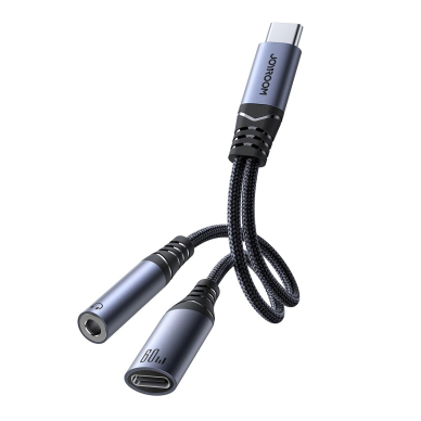 Joyroom SY-C02 2-in-1 DAC adapteris USB-C į USB-C / 3.5 mm mini lizdą – juodas Joyroom SY-C02 2-in-1 DAC adapteris USB-C į USB-C / 3.5 mm mini lizdą – juodas