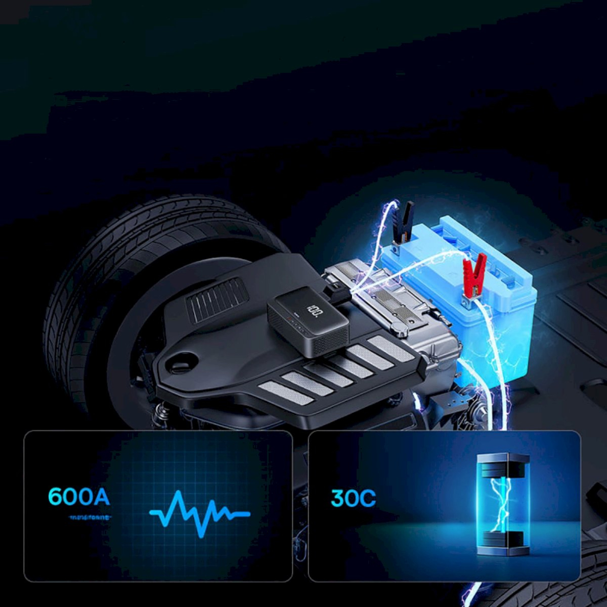 Baseus Super Energy BS-CH013 Jump starter 4-in-1 600A su žibintuvėliu / 6000mAh išorine baterija / kompresoriumi – juodas 10