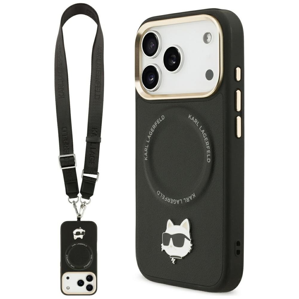 iPhone 17 Pro Karl Lagerfeld Big Strap Choupette Metal Logo MagSafe dėklas – juodas iPhone 17 Pro Karl Lagerfeld Big Strap Choupette Metal Logo MagSafe dėklas – juodas