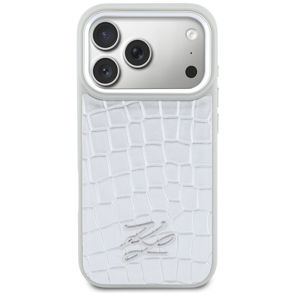 iPhone 17 Pro Karl Lagerfeld Croco KL Script Logo MagSafe dėklas – sidabrinis 2