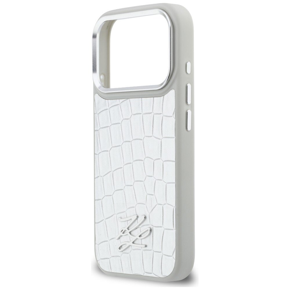 iPhone 17 Pro Karl Lagerfeld Croco KL Script Logo MagSafe dėklas – sidabrinis 5