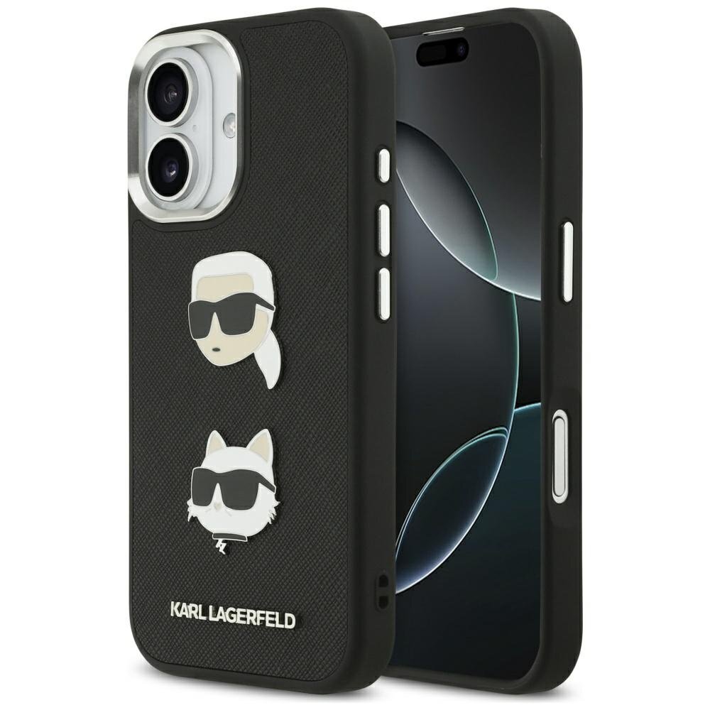 iPhone 17 Karl Lagerfeld FW Grained Karl & Choupette Heads Pins & Logo dėklas – juodas