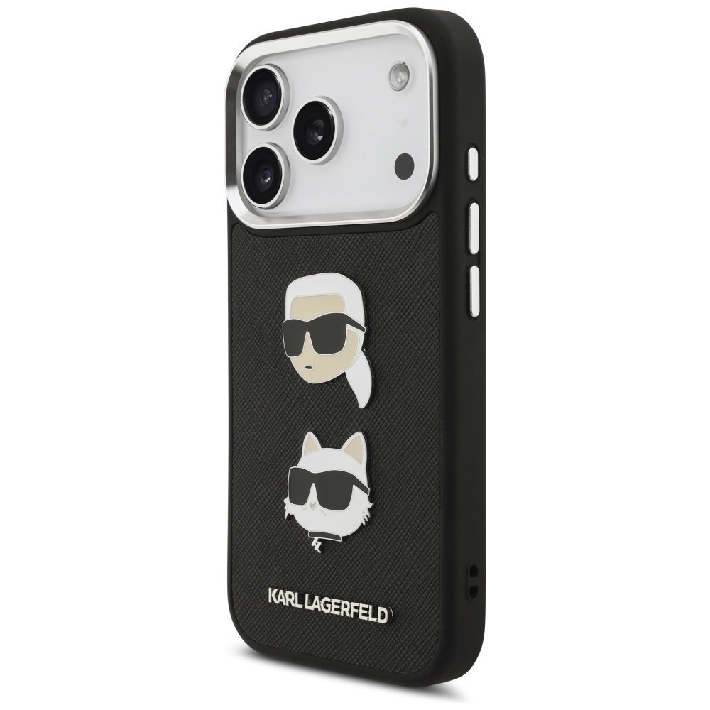 iPhone 17 Pro Karl Lagerfeld FW Grained Karl & Choupette Heads Pins & Logo dėklas – juodas 1 iPhone 17 Pro Karl Lagerfeld FW Grained Karl & Choupette Heads Pins & Logo dėklas – juodas 1