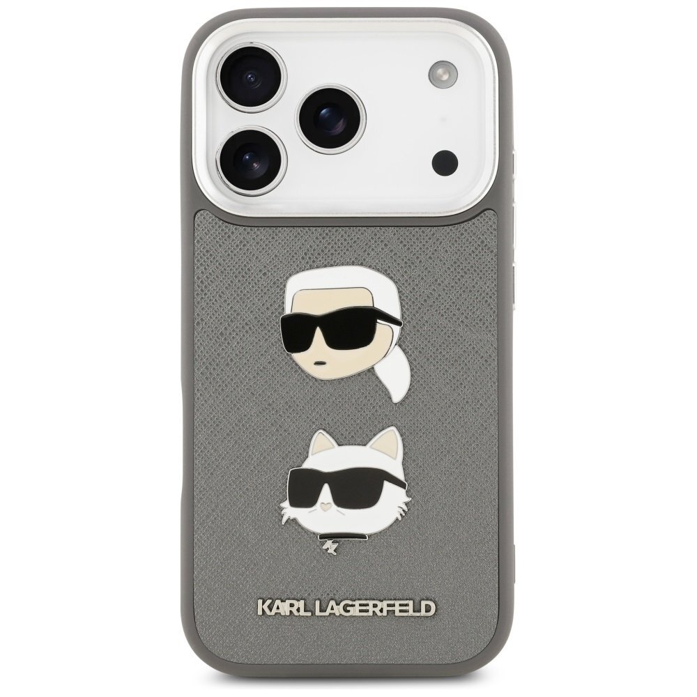 iPhone 17 Pro Karl Lagerfeld FW Grained Karl & Choupette Heads Pins & Logo dėklas – pilkas 2