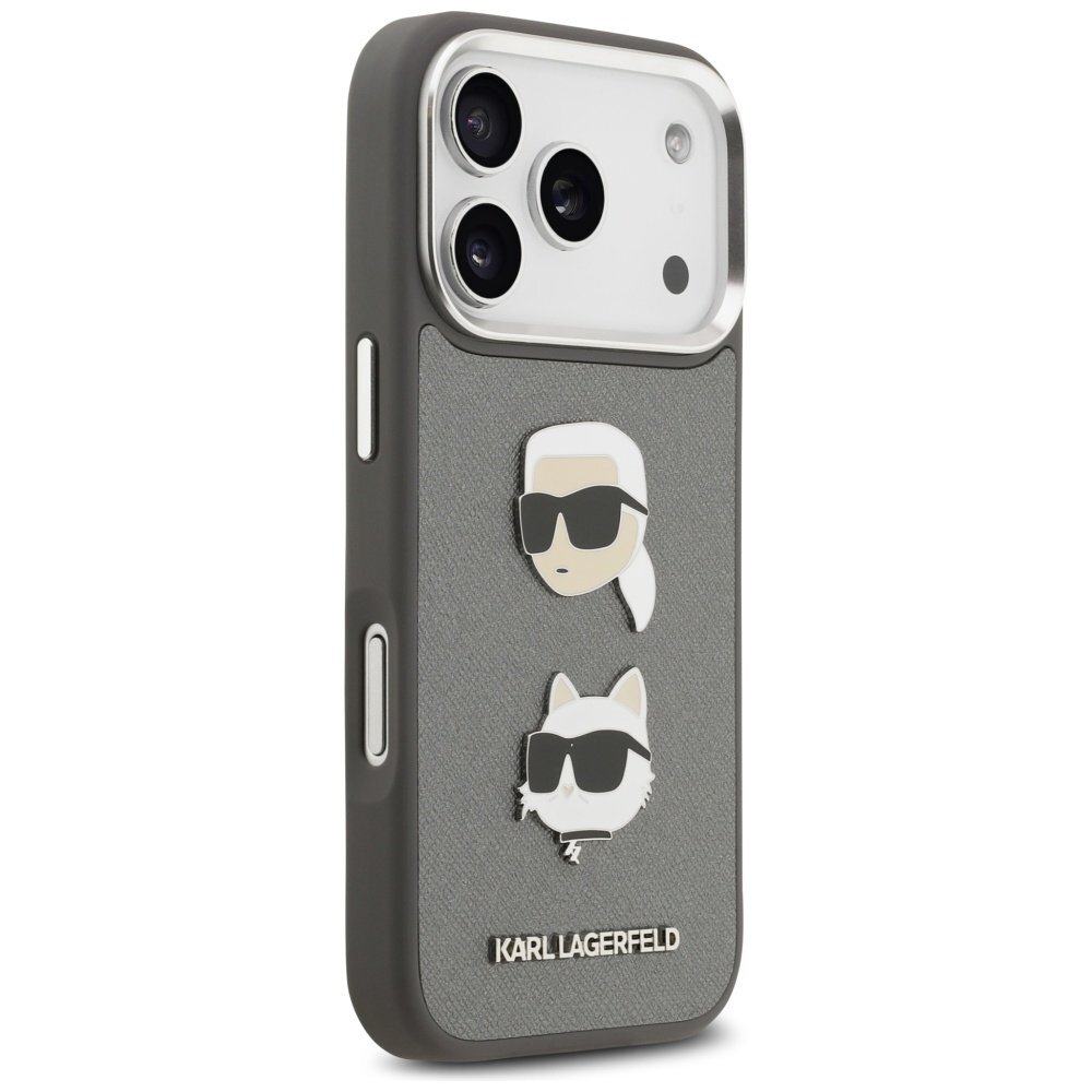 iPhone 17 Pro Karl Lagerfeld FW Grained Karl & Choupette Heads Pins & Logo dėklas – pilkas 3 iPhone 17 Pro Karl Lagerfeld FW Grained Karl & Choupette Heads Pins & Logo dėklas – pilkas 3