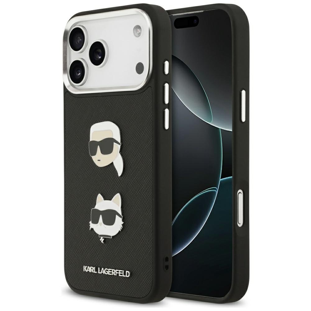 iPhone 17 Pro Max Karl Lagerfeld FW Grained Karl & Choupette Heads Pins & Logo dėklas – juodas