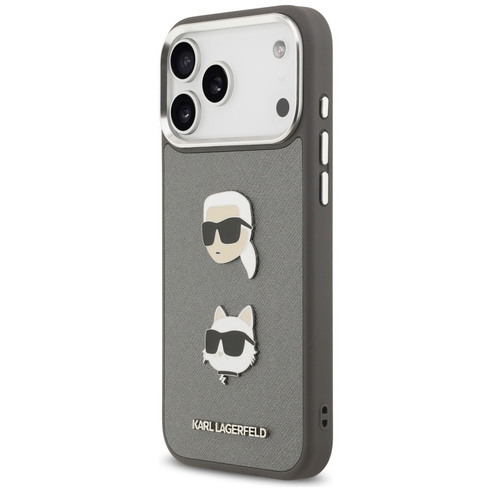 iPhone 17 Pro Max Karl Lagerfeld FW Grained Karl & Choupette Heads Pins & Logo dėklas – pilkas 1 iPhone 17 Pro Max Karl Lagerfeld FW Grained Karl & Choupette Heads Pins & Logo dėklas – pilkas 1