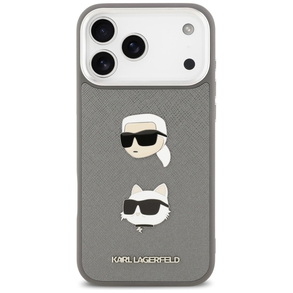 iPhone 17 Pro Max Karl Lagerfeld FW Grained Karl & Choupette Heads Pins & Logo dėklas – pilkas 2