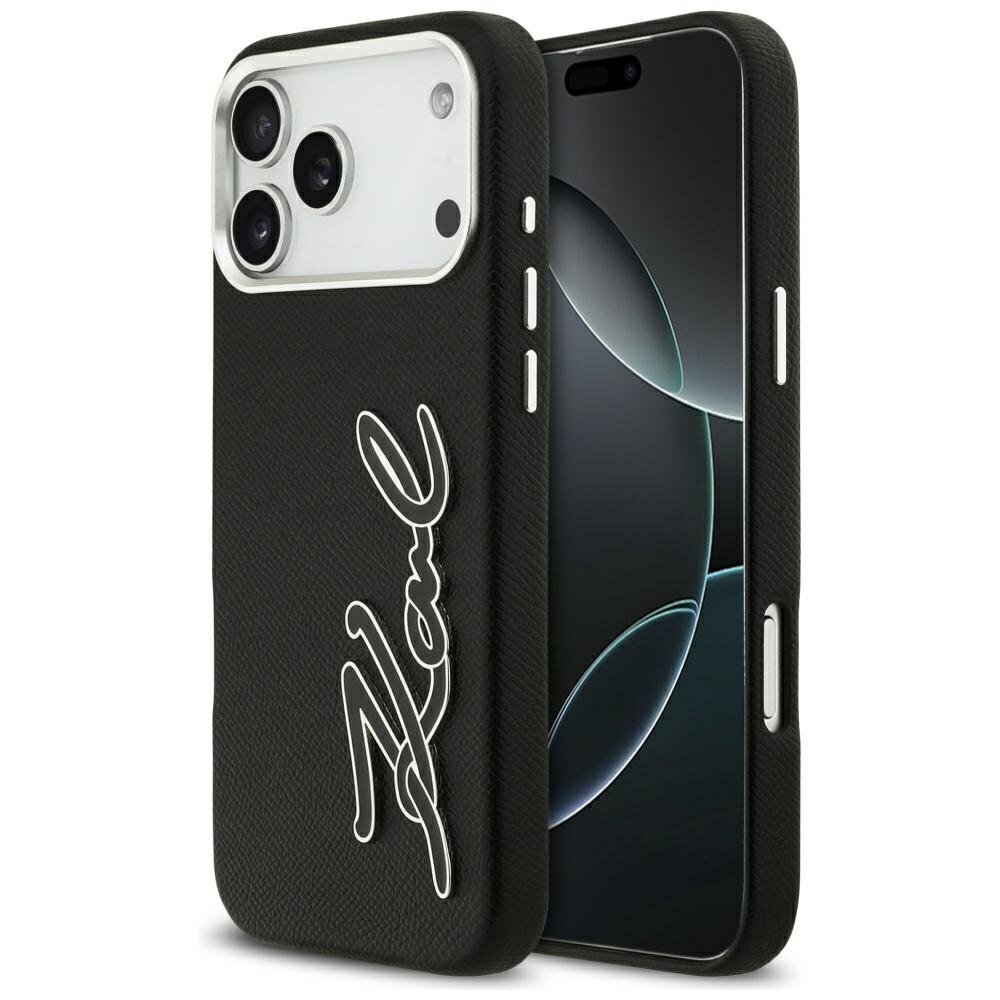 iPhone 17 Pro Max Karl Lagerfeld FW Grained Signature Logo dėklas – juodas