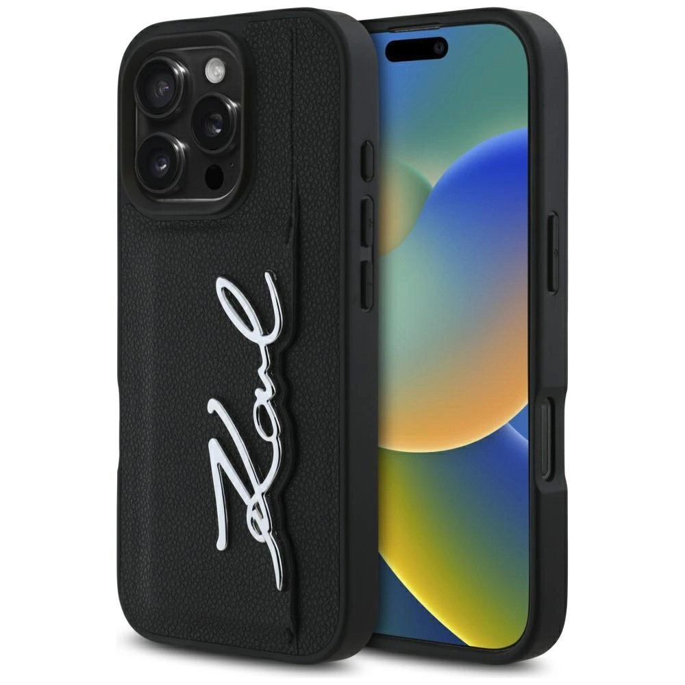 Karl Lagerfeld HC Grained PU Cardslot Metal Signature iPhone 16 Pro Dėklas - Juodas