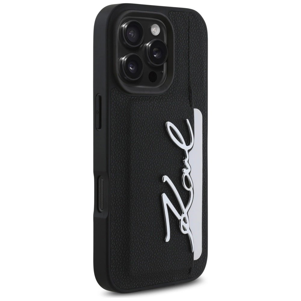 Karl Lagerfeld HC Grained PU Cardslot Metal Signature iPhone 16 Pro Max Dėklas - Juodas 3