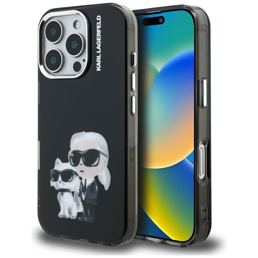 iPhone 16 Pro Max Karl Lagerfeld IML Aquarelle Karl & Choupette & Logo dėklas – juodas iPhone 16 Pro Max Karl Lagerfeld IML Aquarelle Karl & Choupette & Logo dėklas – juodas