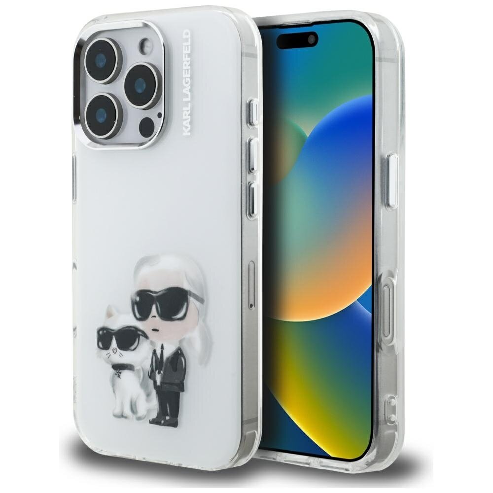 iPhone 16 Pro Max Karl Lagerfeld IML Aquarelle Karl & Choupette & Logo dėklas – baltas