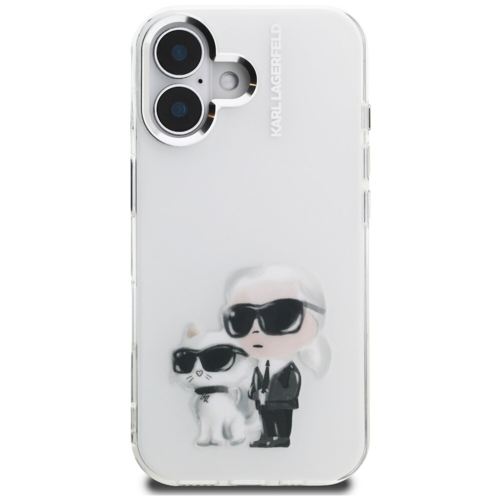 iPhone 16 Karl Lagerfeld IML Aquarelle Karl & Choupette & Logo dėklas – baltas 2