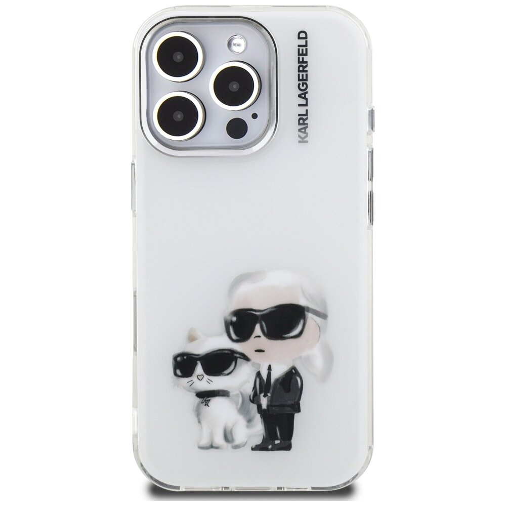 iPhone 16 Pro Karl Lagerfeld IML Aquarelle Karl & Choupette & Logo dėklas – baltas 2