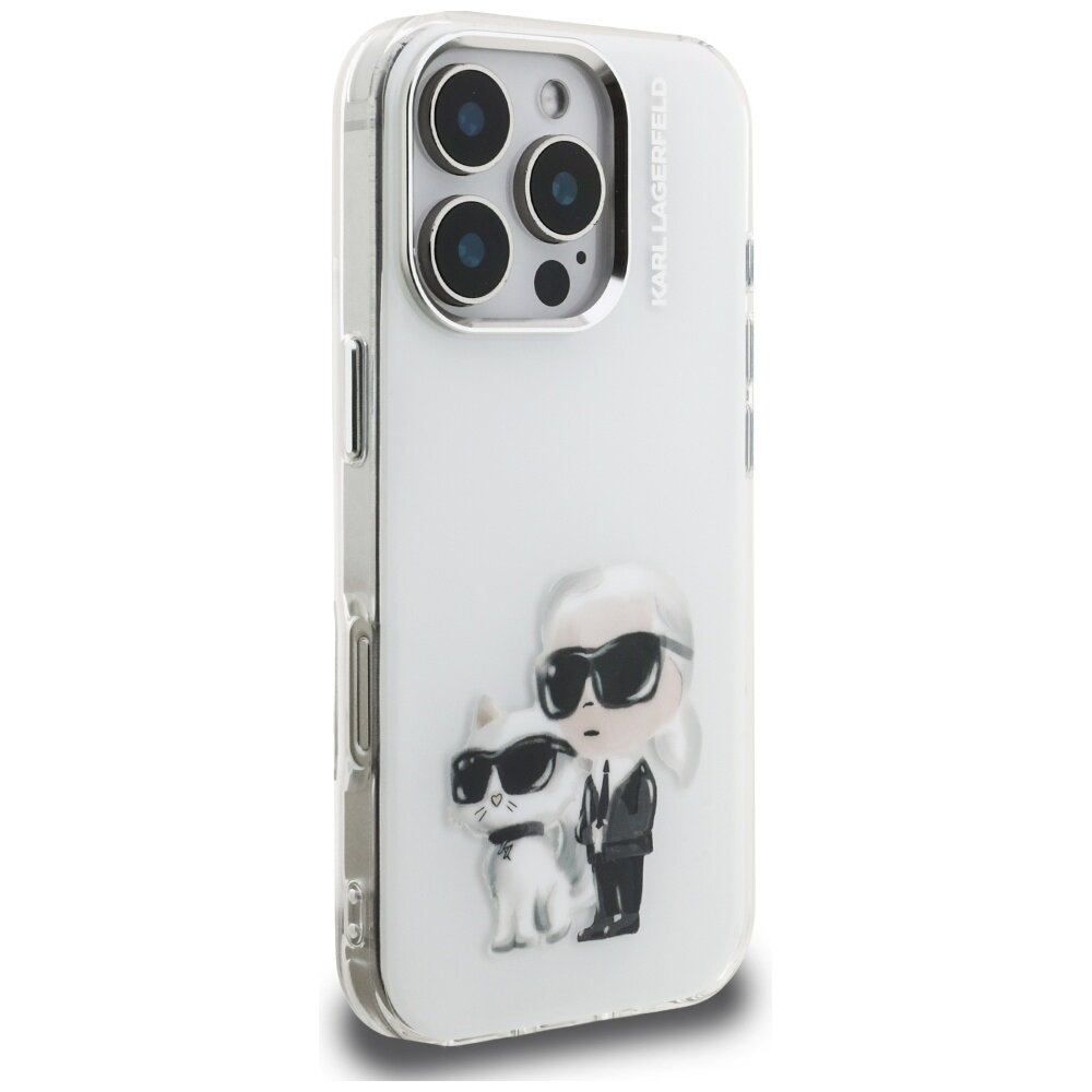 iPhone 16 Pro Karl Lagerfeld IML Aquarelle Karl & Choupette & Logo dėklas – baltas 3