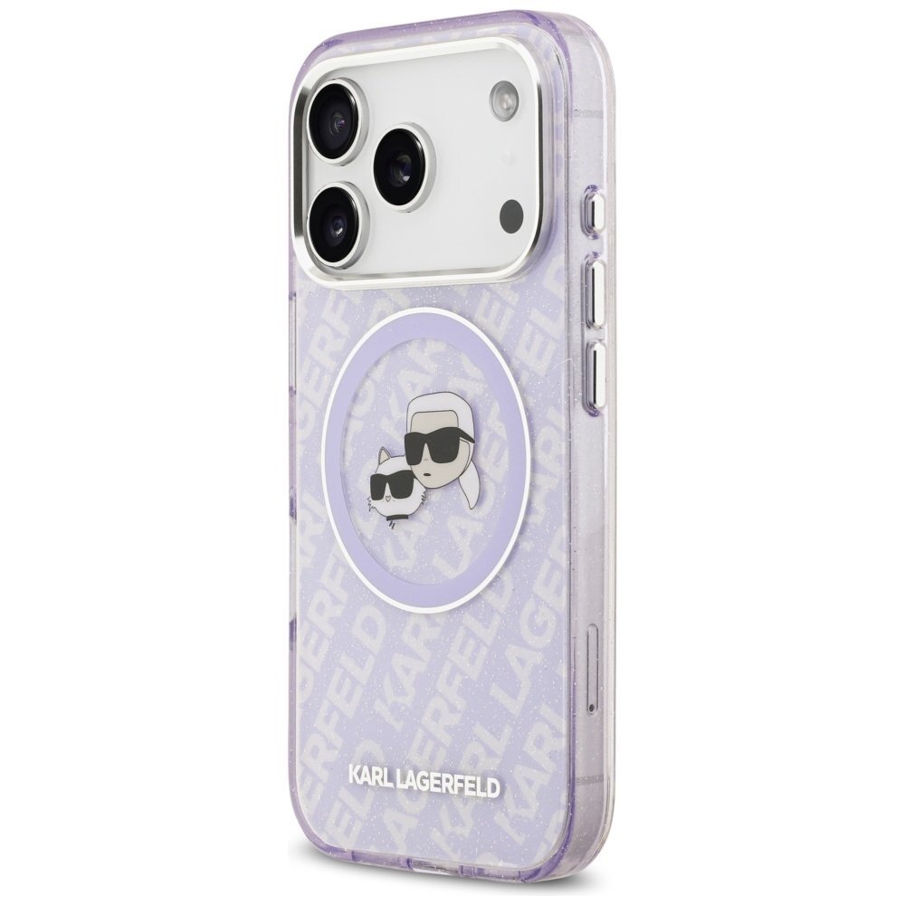 iPhone 17 Pro Max Karl Lagerfeld IML Glitter Karl & Choupette Heads Logo MagSafe dėklas – violetinis 1