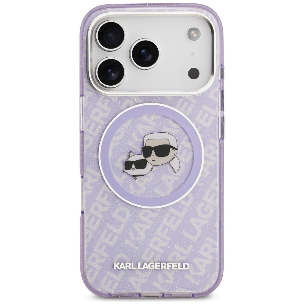 iPhone 17 Pro Max Karl Lagerfeld IML Glitter Karl & Choupette Heads Logo MagSafe dėklas – violetinis 2