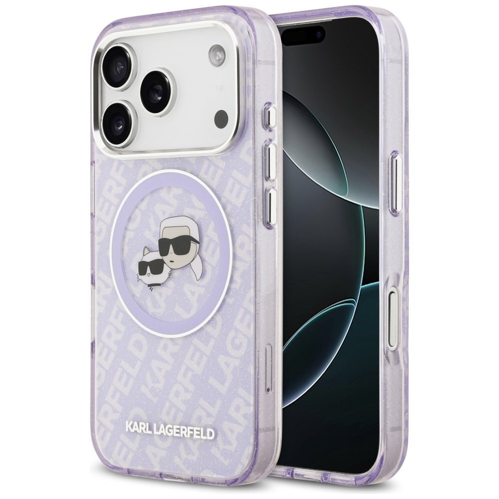 iPhone 17 Pro Max Karl Lagerfeld IML Glitter Karl & Choupette Heads Logo MagSafe dėklas – violetinis