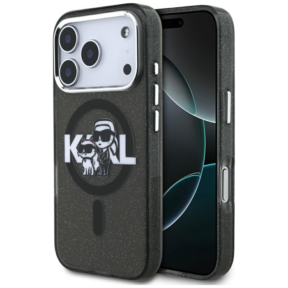 iPhone 17 Pro Karl Lagerfeld IML Glitter Karl & Choupette Sketch Logo MagSafe dėklas – juodas