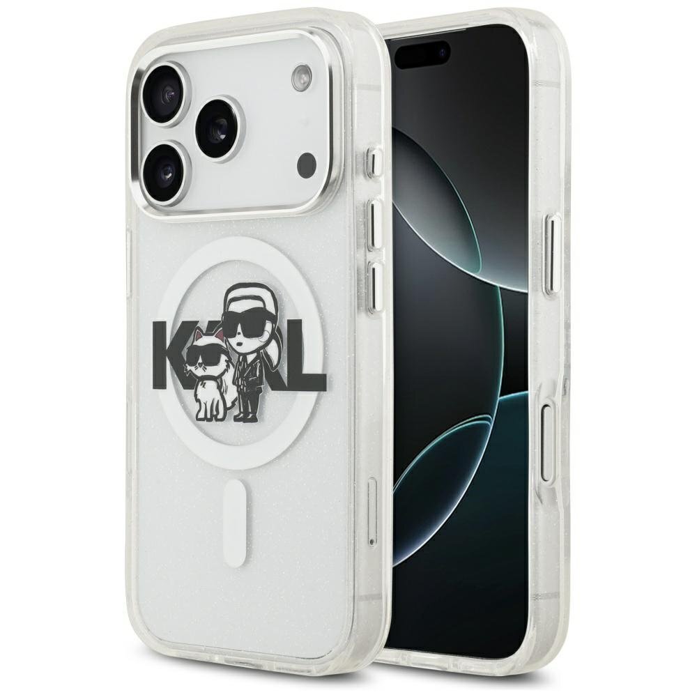 iPhone 17 Pro dėklas Karl Lagerfeld IML Glitter Karl & Choupette Sketch Logo, MagSafe – skaidrus iPhone 17 Pro dėklas Karl Lagerfeld IML Glitter Karl & Choupette Sketch Logo, MagSafe – skaidrus