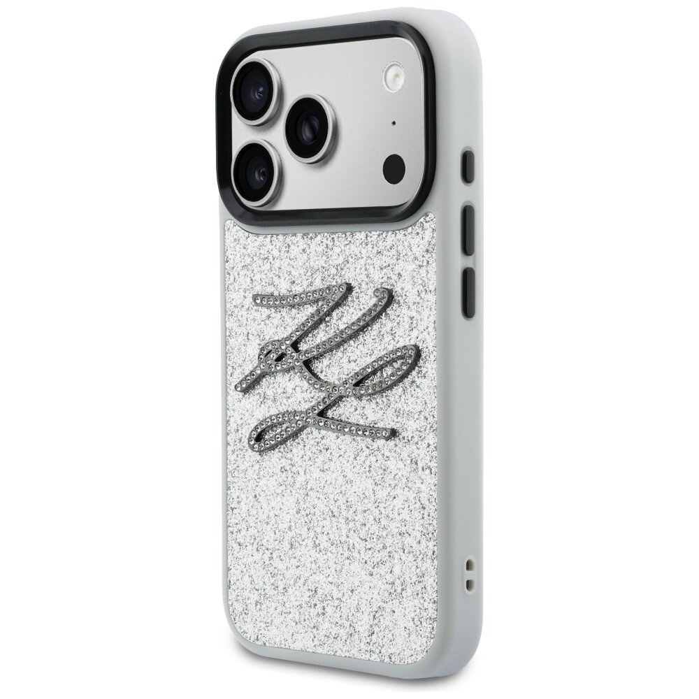 iPhone 17 Pro Karl Lagerfeld IML Glitter KL Diamond Logo dėklas – sidabrinis 1 iPhone 17 Pro Karl Lagerfeld IML Glitter KL Diamond Logo dėklas – sidabrinis 1