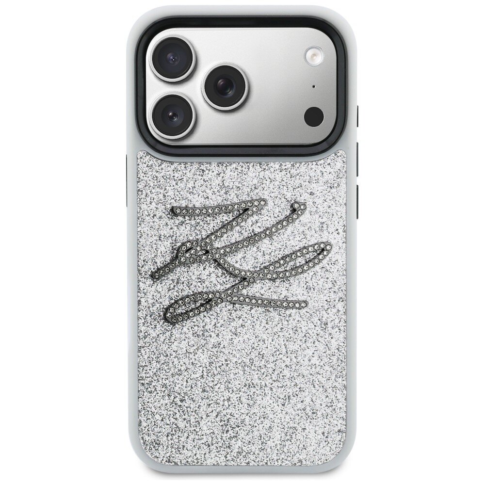iPhone 17 Pro Karl Lagerfeld IML Glitter KL Diamond Logo dėklas – sidabrinis 2