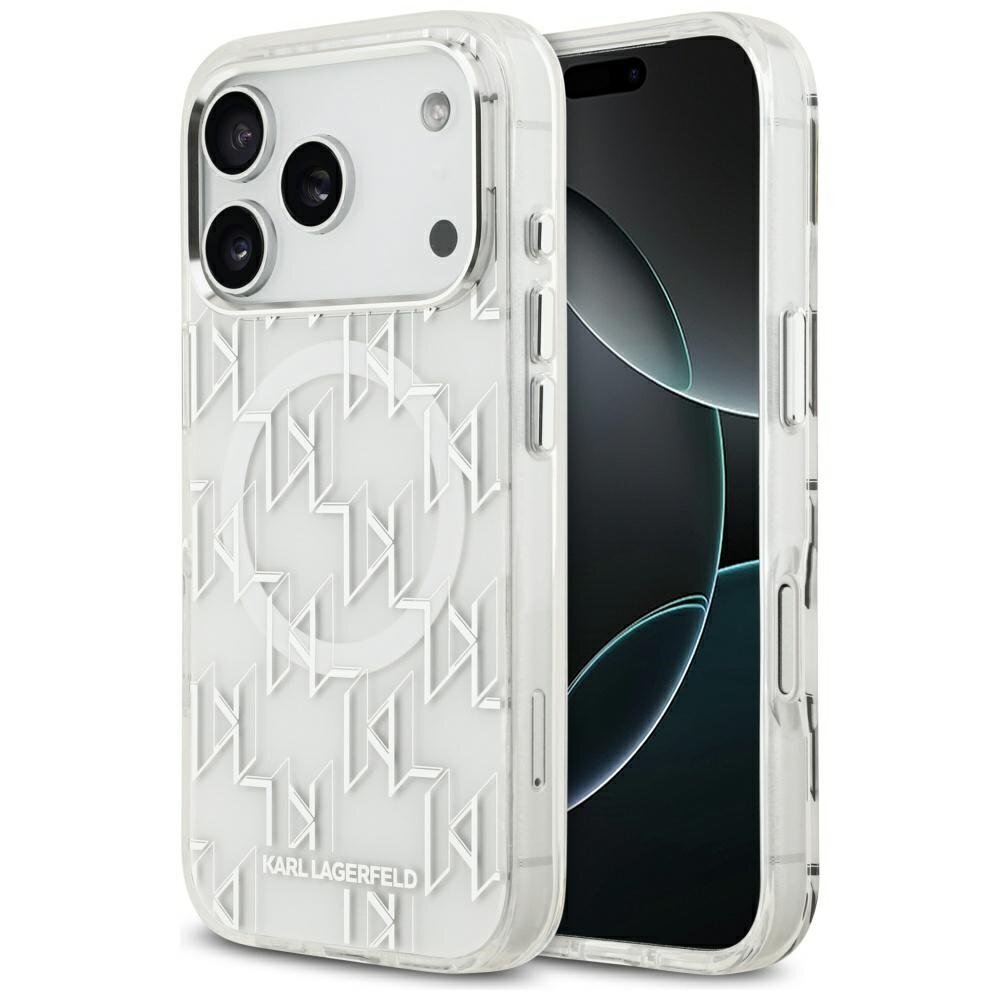 iPhone 17 Pro dėklas Karl Lagerfeld IML KL Monogram, MagSafe – baltas iPhone 17 Pro dėklas Karl Lagerfeld IML KL Monogram, MagSafe – baltas