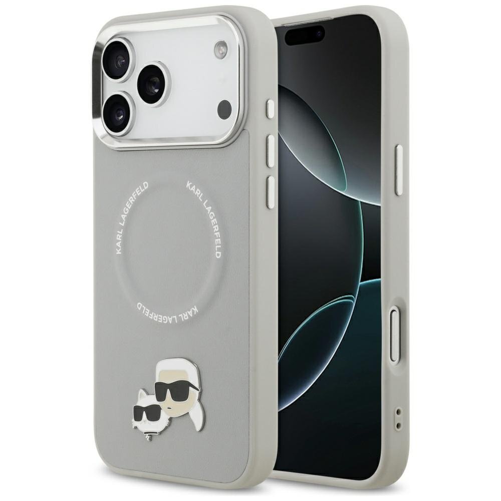 iPhone 17 Pro Max Karl Lagerfeld Karl & Choupette Pins MagSafe dėklas – pilkas