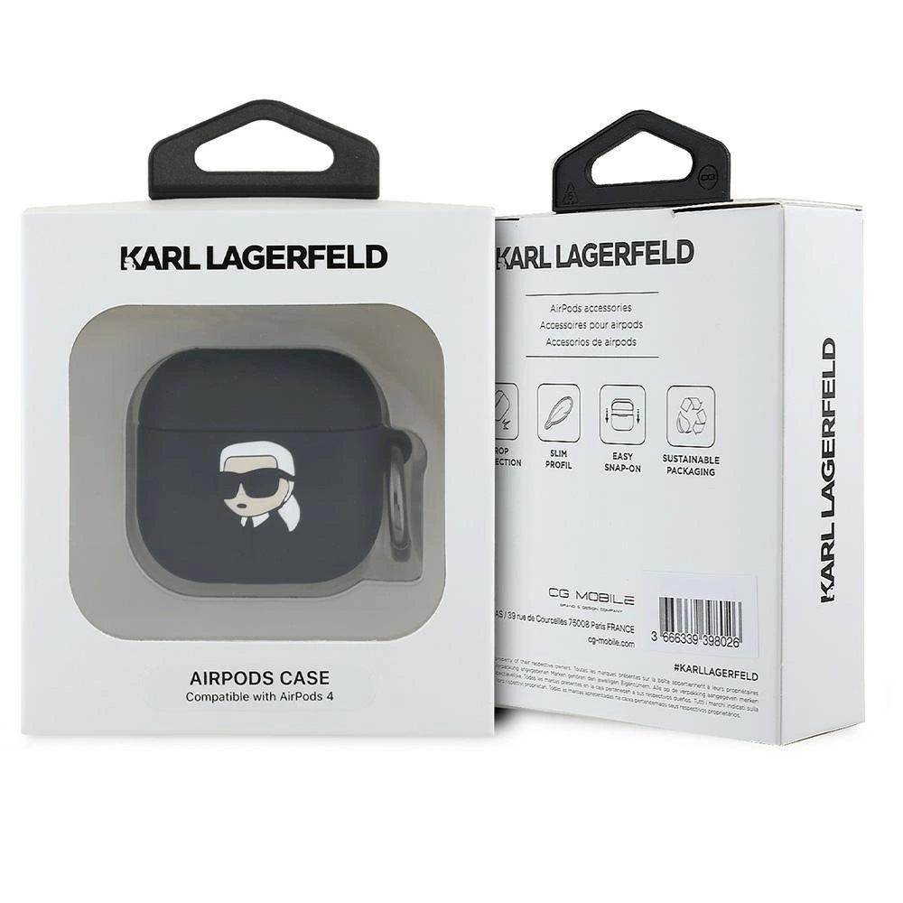 Karl Lagerfeld KLA4RUNIKK AirPods 4 cover Juodas/Juodas Silikoninis Karl Head 3D 2
