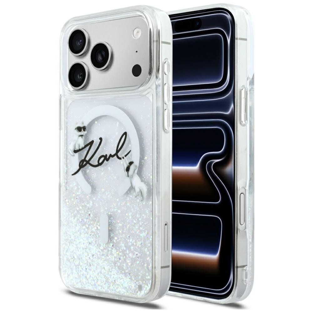 iPhone 17 Pro Max Karl Lagerfeld Liquid Glitter Karl Script Logo MagSafe dėklas – skaidrus
