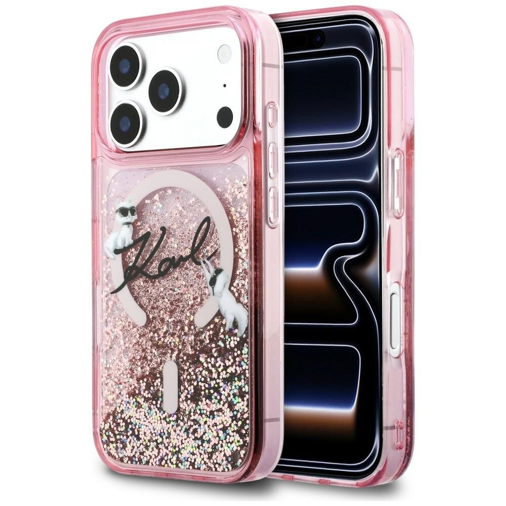 iPhone 17 Pro Max Karl Lagerfeld Liquid Glitter Karl Script Logo MagSafe dėklas – rožinis