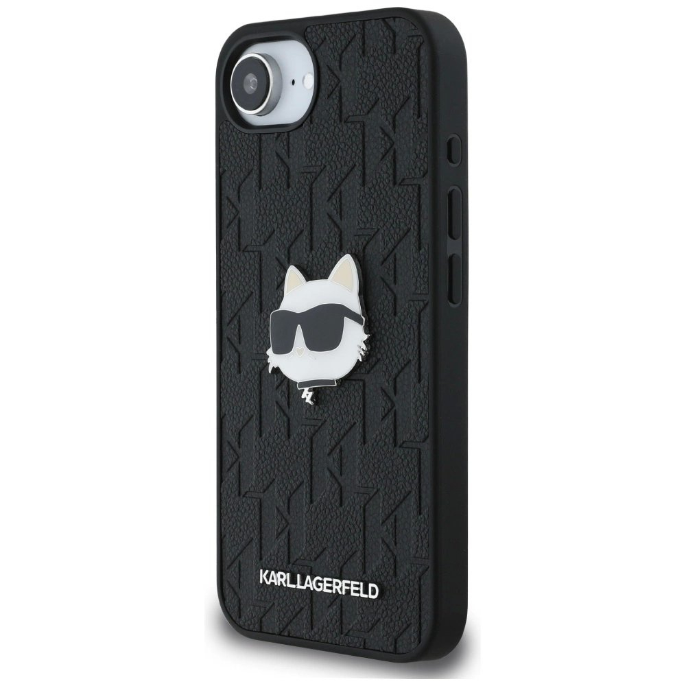 iPhone 16e – Karl Lagerfeld Monogram Choupette Head Pin dėklas - Juodas 1 iPhone 16e – Karl Lagerfeld Monogram Choupette Head Pin dėklas - Juodas 1
