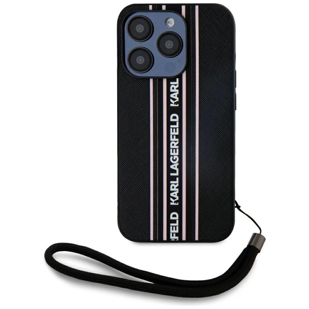 iPhone 15 Pro Karl Lagerfeld Saffiano Athleisure Stripes Cord dėklas - rožinis