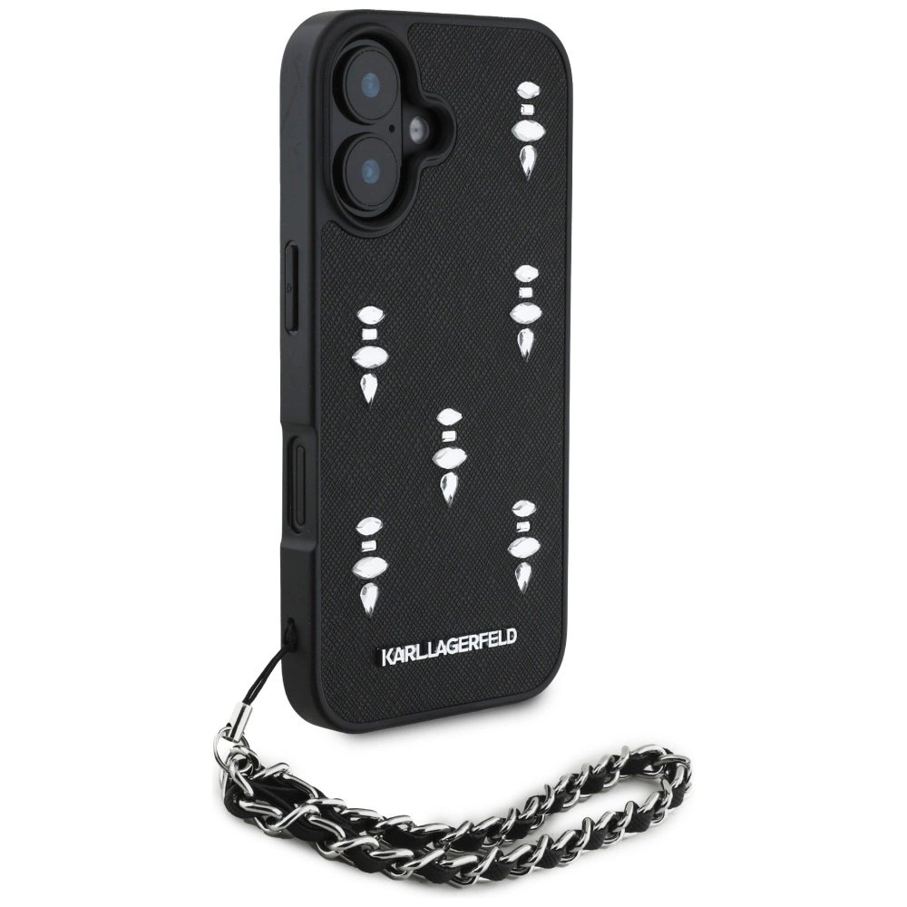 iPhone 16 – Karl Lagerfeld Saffiano Crystals su grandinėle dėklas - Juodas 2