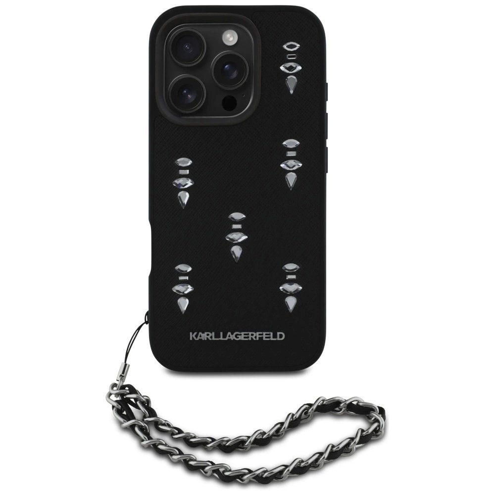 iPhone 16 Pro – Karl Lagerfeld Saffiano Crystals su grandinėle dėklas - Juodas 1