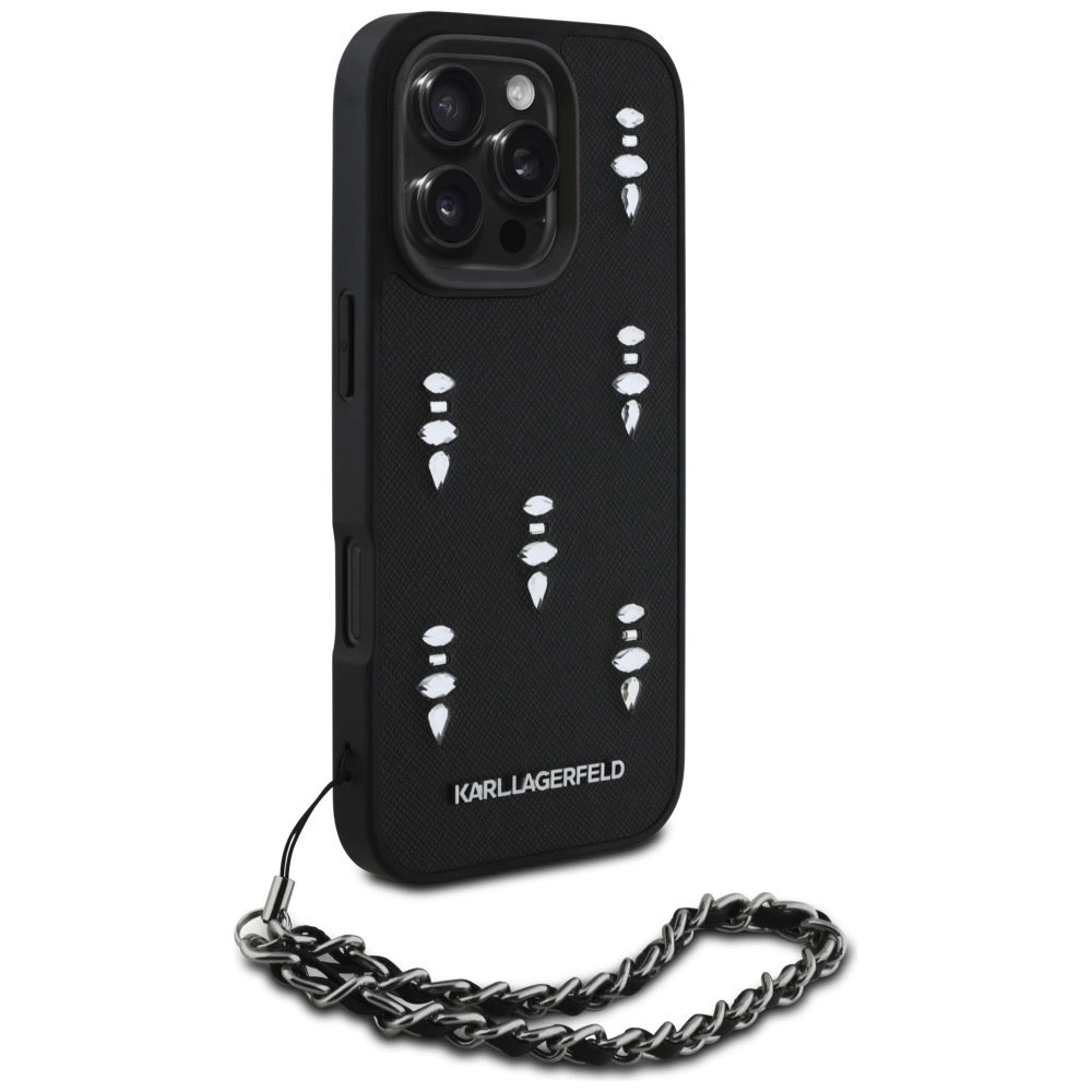 iPhone 16 Pro – Karl Lagerfeld Saffiano Crystals su grandinėle dėklas - Juodas 2