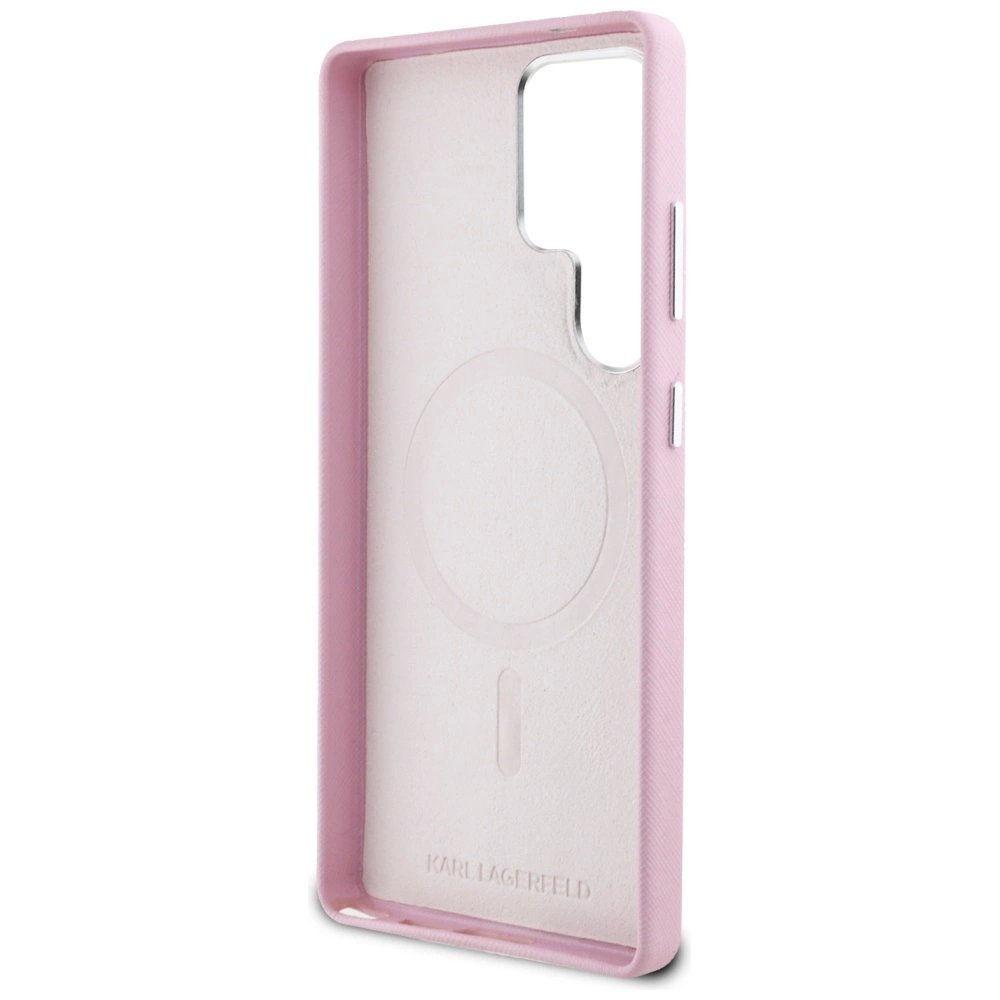 Karl Lagerfeld Saffiano Full Wrapped Elongated Metal Logo MagSafe Dėklas skirtas Samsung Galaxy S25 Ultra - Rožinis 6
