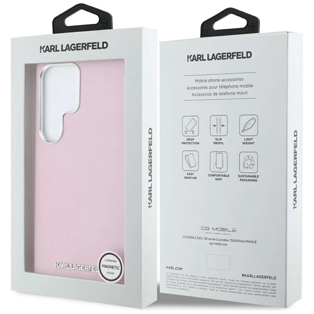 Karl Lagerfeld Saffiano Full Wrapped Elongated Metal Logo MagSafe Dėklas skirtas Samsung Galaxy S25 Ultra - Rožinis 7