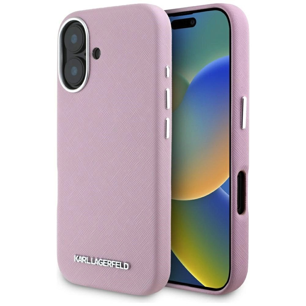 Karl Lagerfeld Saffiano Full Wrapped Elongated Metal Logo MagSafe iPhone 16 Dėklas - Rožinis